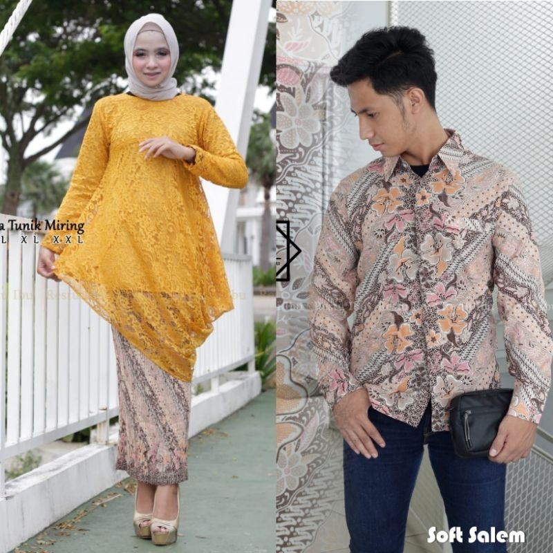 Kebayashopp - Couple kebaya brukat tunik miring mix kemeja panjang/couple kebaya tunik/couple keluarga/couple kebaya pesta/couple kebaya tunangan/kebaya kondangan/couple termurah