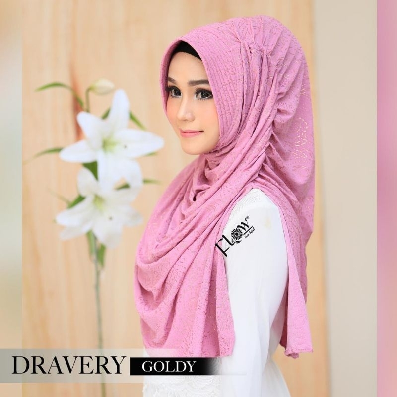 Jilbab Instan Flow Dravery Gold / Jilbab Dusty Pink Corak Emas