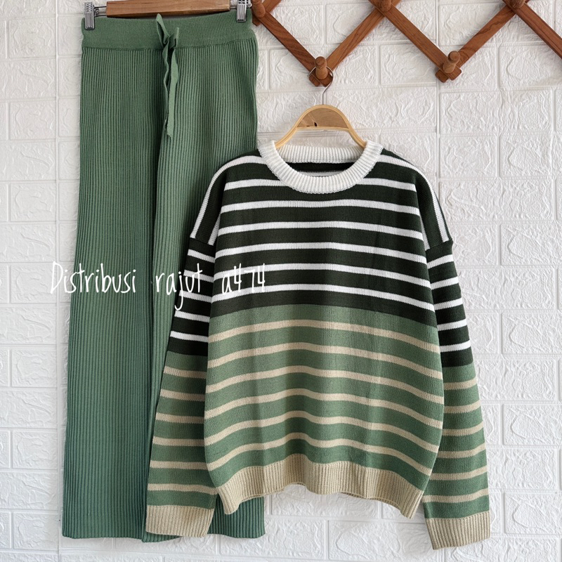 ONESET SWEATER TWIBY STRIPE SETELAN CELANA KULOT RAJUT DAN JOGER WANITA