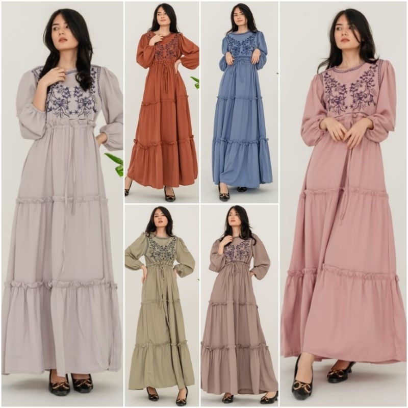 ⚡️CLEARANCE SALE ♡ PREMIUM ♡ ORIGINAL ! LEVRONKA EMBROIDERY LONG SLEEVE LAYER RUFFLE MAXI GAMIS LONG DRESS  ( HIJAB FRIENDLY )