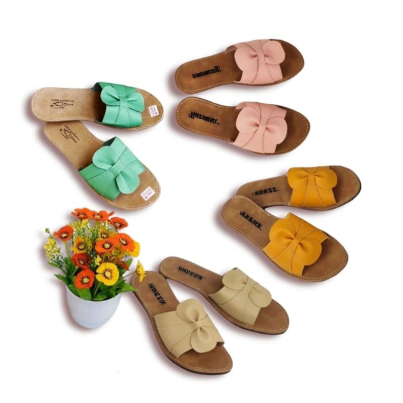 Sandal Teplek Wanita Papirut Motif Selop Daun SoL Karet Nonslip