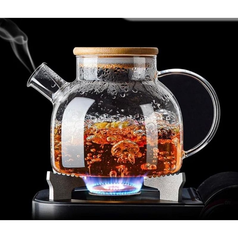 Teko Pitcher Teh Borosilicate Glass Transparan / Teko Kaca Tutup Kayu Aesthetic / Teko Transparan
