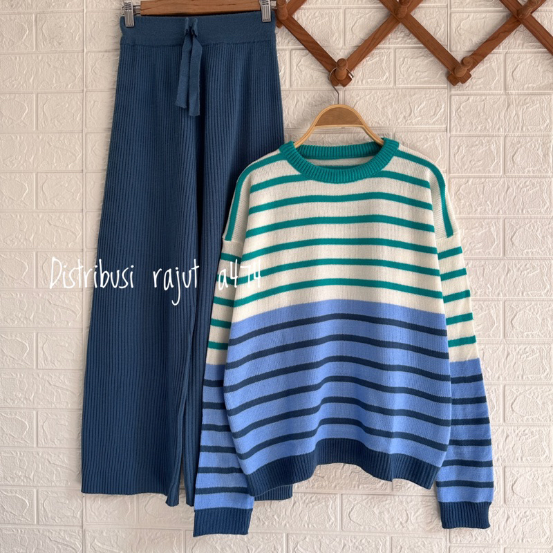 ONESET SWEATER TWIBY STRIPE SETELAN CELANA KULOT RAJUT DAN JOGER WANITA