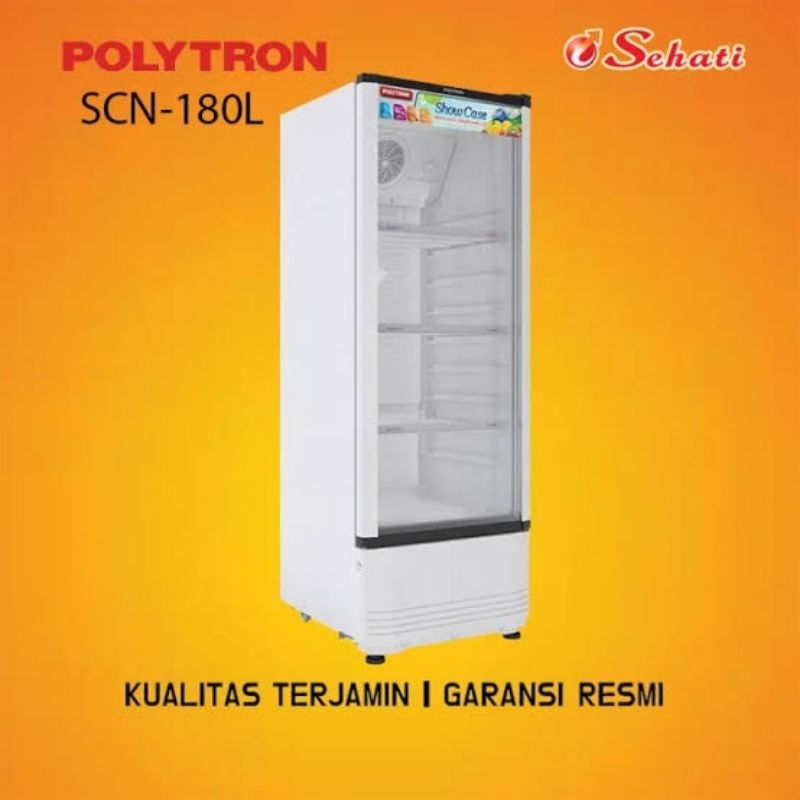 SHOWCASE POLYTRON SCN 180 SCN180 SATU PINTU KAPASITAS 180L LITER LOW WATT VOLTAGE WATTAGE HEMAT REND