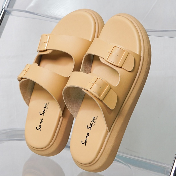 SARASARA YUK - JOI Sandal Wanita Wedges Birken Tinggi 3cm Size 36 - 40 Casual Sendal Cewek Platform Gesper 37 38 39 untuk Jalan Pergi Santai Slop Warna Yellow Kuning Selop Premium Original Sara Sara Kekinian Terbaru Shoes ORI Mall Official Store