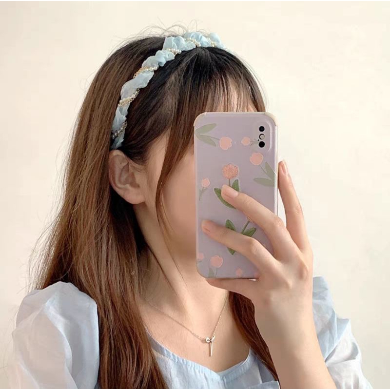 Bando Scrunchie Lilit Rantai Mutiara Bahan Sifon 2cm Korean Chiffon Pearl Headband Aksesoris Rambut Wanita Bando Korea Mutiara