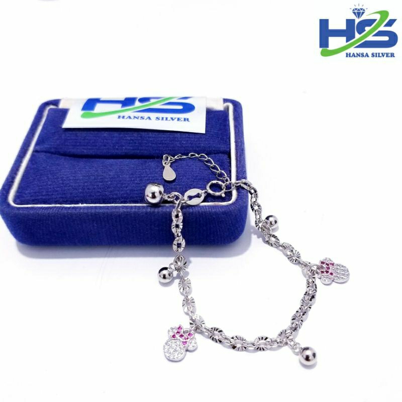 Gelang Perak Anak Bayi Asli Silver 925 Lapis Emas Putih Model Rantai Nori Ukir Mickey Mouse Permata Merah - Gelang anak Anti Karat