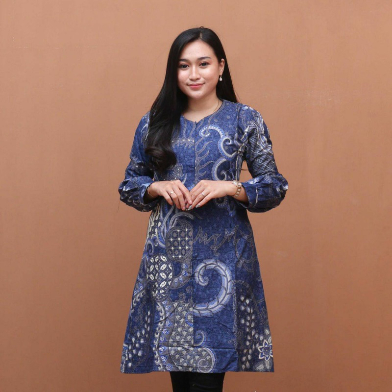 Atasan Tunik Batik Couple Kemeja Batik Pria Lengan Panjang Best Seller Kain Katun - Resleting Biru ALF