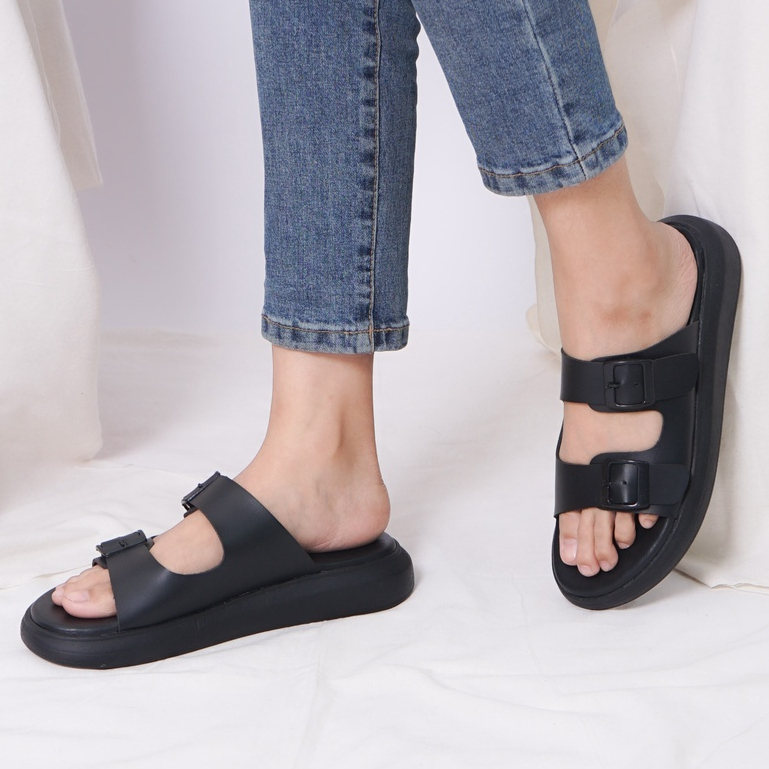 SARASARA YUK - JOI Sandal Wanita Wedges Birken Tinggi 3cm Size 36 - 40 Casual Sendal Cewek Platform Gesper 37 38 39 untuk Jalan Pergi Santai Slop Warna Black Hitam Putih White Selop Premium Original Sara Sara Kekinian Terbaru Shoes ORI Mall Official Store