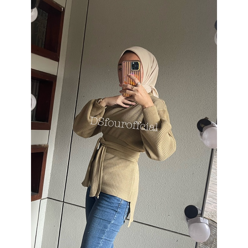 Salza blouse rajut premium / atasan rajut premium+belt