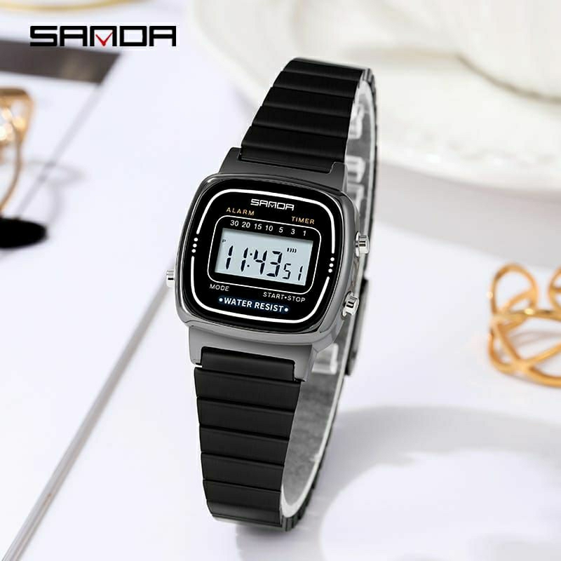 Jam Tangan SANDA 6053 Jam Tangan Wanita Digital EL Backlight Business Watch Stainless Steel