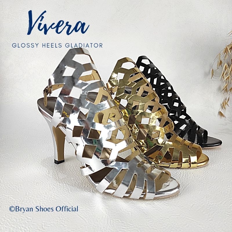 Bryan Vivera Heels 9cm Glossy Lasercut Gladiator Spider Pesta Sepatu Hak Pump Tinggi Hak Runcing