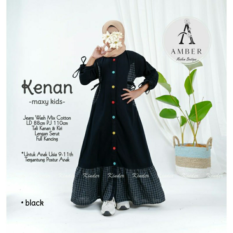 Kinan Gamis Jeans Anak Perempuan Tanggung Umur 9-11 Tahun Baju Maxi Dress Rempel Susun Hitam Panjang