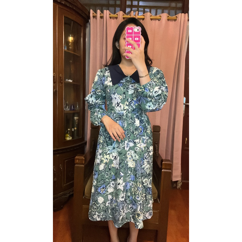 DASTER FLORAL GREEN| DASTER KEKINIAN | DRESS MIDI | DRESS | DRESS KOREA | DRESS KEKINIAN | BAJU TIDU