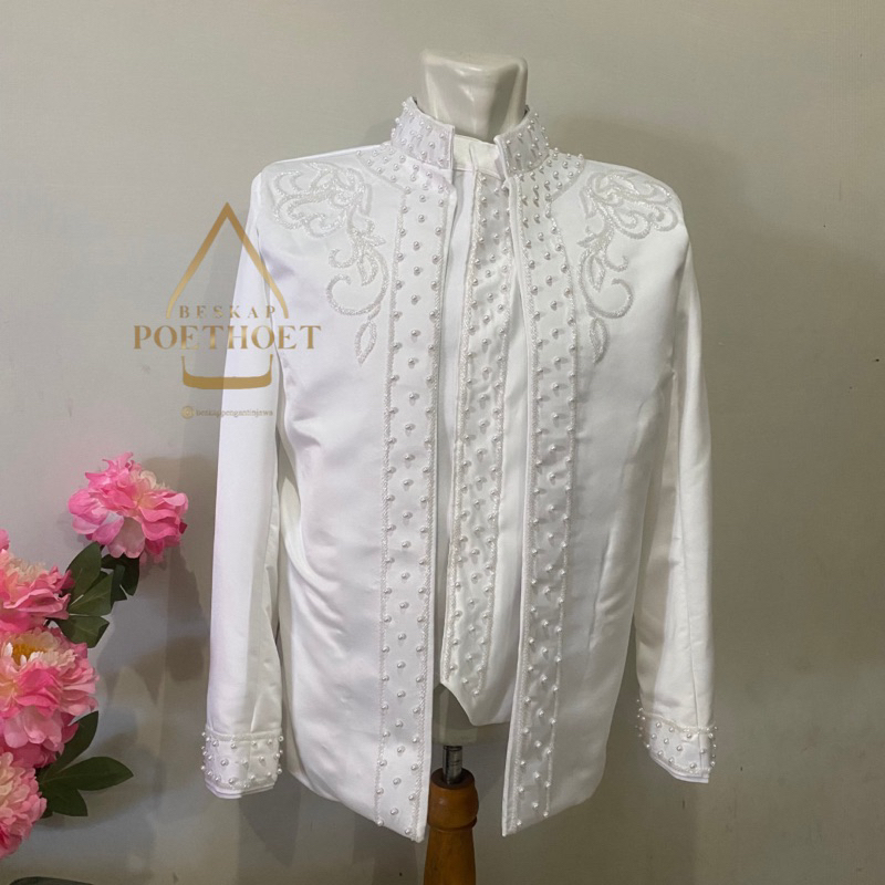 Basofi beskap Poethoet putih / jas pengantin modern elegan set celana dan selop