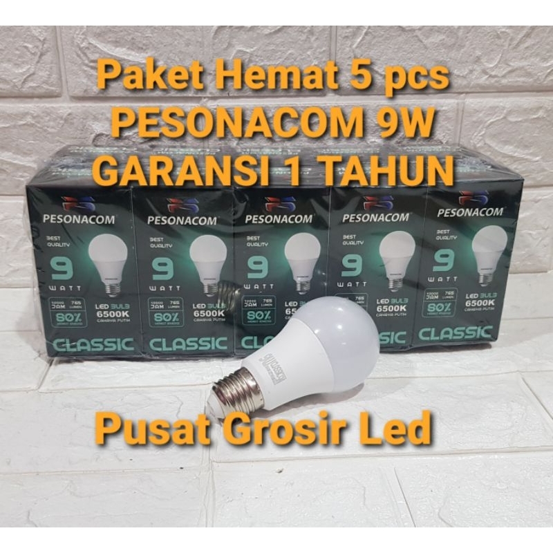 PAKET HEMAT 5 PCS LAMPU LED PESONACOM CLASSIC 9 WATT CAHAYA PUTIH GARANSi 1 TAHUN