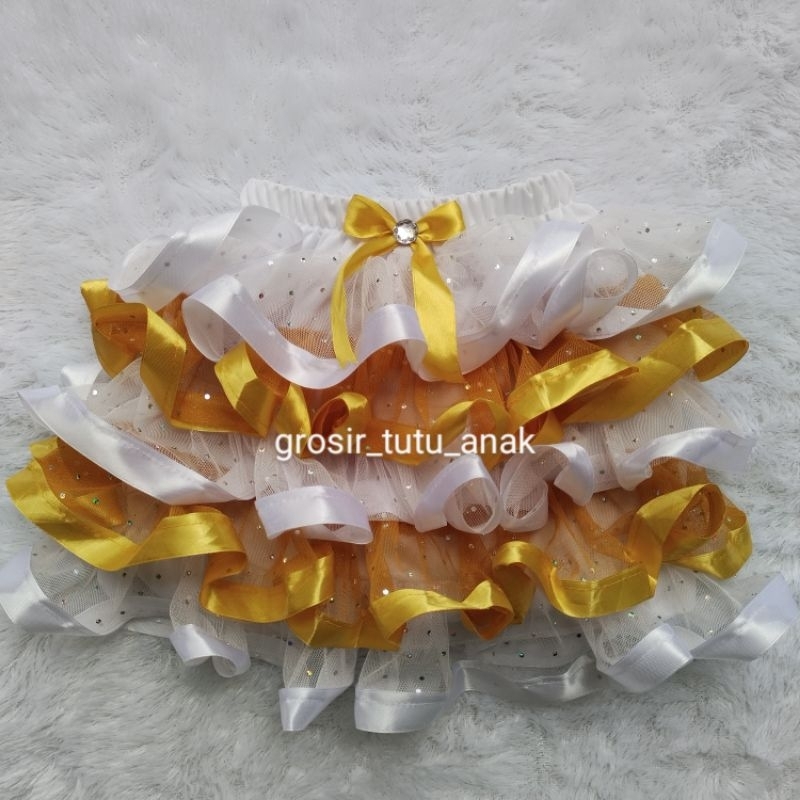 Rok Tutu Anak Model Rok Susun Pita Satin Warna Putih - Gold - Untuk Usia 1 sampai 12 Tahun - Bahan T