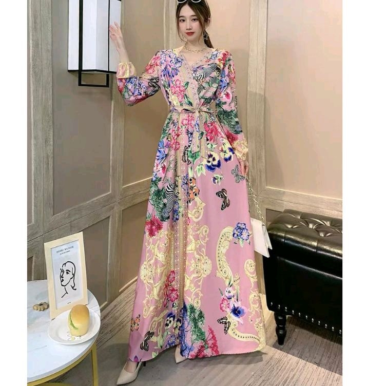94430 Baju maxidress longdress WRAP VNECK FLORAL MAXI DRESS pink hitam dres Korea Korean style wanit