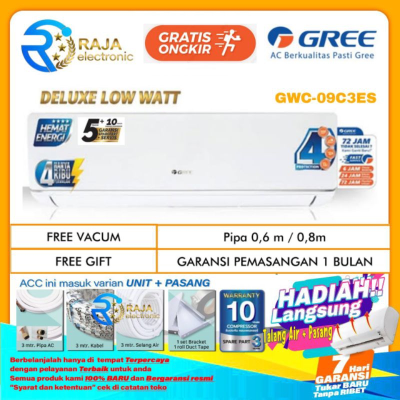 AC GREE 1 PK GWC-09C3ES DELUXE LOW WATT GOLDEN FIN + BLUE FIN + INSTALASI PEMASANGAN