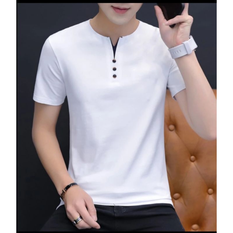 Baju Kaos Victory Putih Pria Polos Distro Kancing V-Neck Lengan Pendek