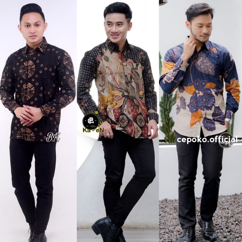 Atasan Baju Kemeja Batik Pria Lengan Panjang Seragam Kantor Modern Kekinian Motif Ungu Size M L XL XXL