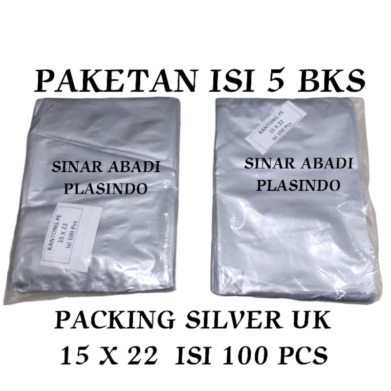 

PLASTIK PACKING SILVER UK 15X22(5 BKS),KANTONG PLASTIK PACKING,PLASTIK BUNGKUS PAKET