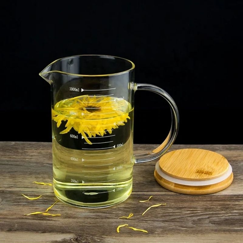 Gelas Takar Kaca Glass Measuring Jug Gelas Ukur Tutup Bambu - 1000ml