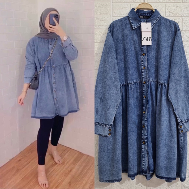 Tamstore Tunik Jeans Atasan Wanita Denim Oversize Full Kancing Keenan