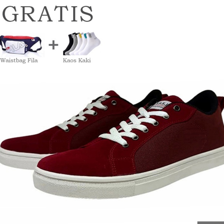 BONUS TAS &amp; KAOS KAKI | Sepatu Pria Maroon Sneaker Tali Casual Cowo Pemuda