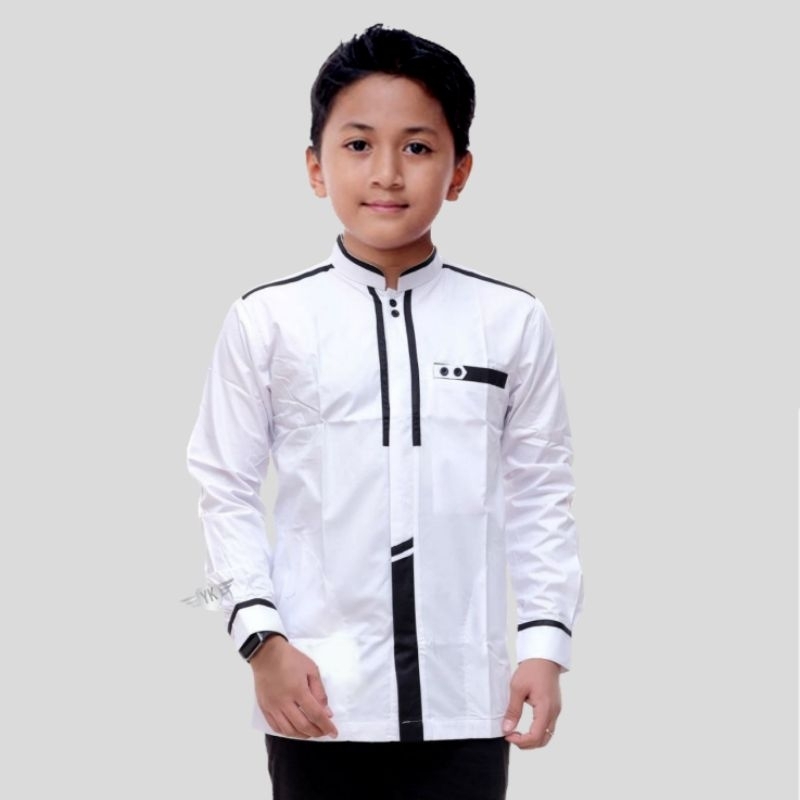 BAJU ATASAN KOKO MUSLIM KEMKO ANAK LAKI LAKI LENGAN PANJANG TAQWA SD PUTIH POLOS KOMBINASI TOYOBO MU
