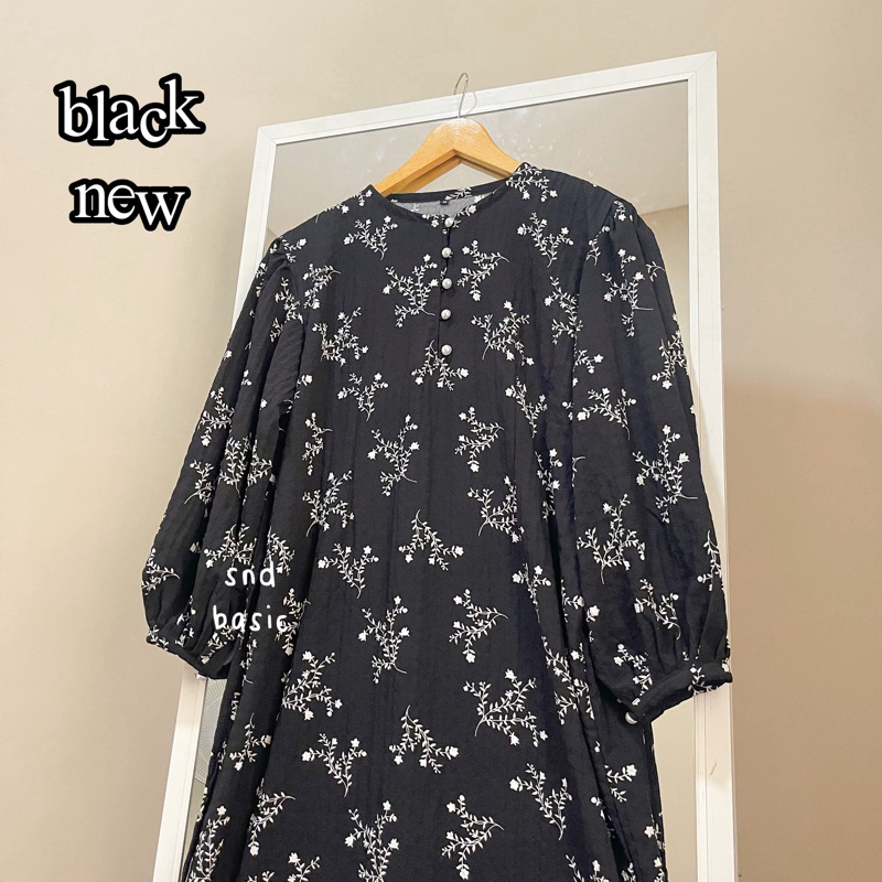 SHAKIRA DRESS | GAMIS MOTIF BUNGA KATUN FLOWER CRINKLE JUBAH ABAYA LEBARAN-black NEW