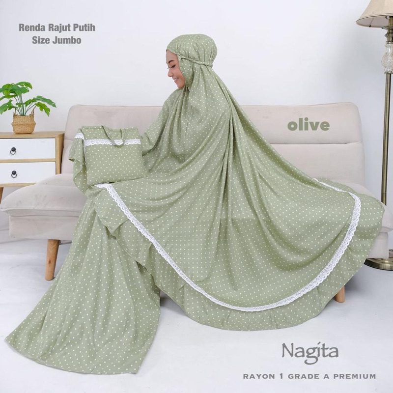 MUKENA RAYON PREMIUM JUMBO RENDA RAJUT RUKUH MUKENAH MOTIF NAGITA POLKA