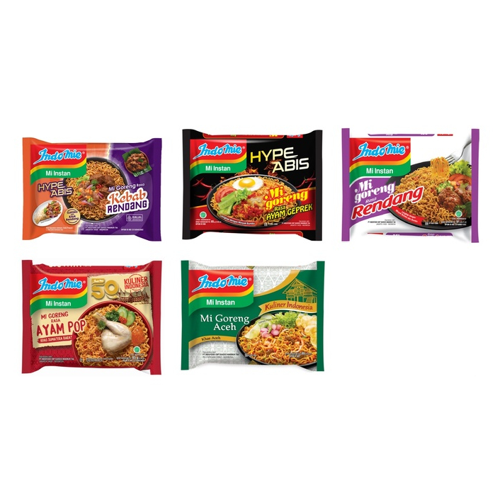 

5 pcs mie instant indomie rasa goreng, kaldu ayam, soto, soto special, kari ayam, ayam special, ayam bawang, ayam pop, kebab, kebab rendang, hype abiz ayam geprek, mie goreng aceh