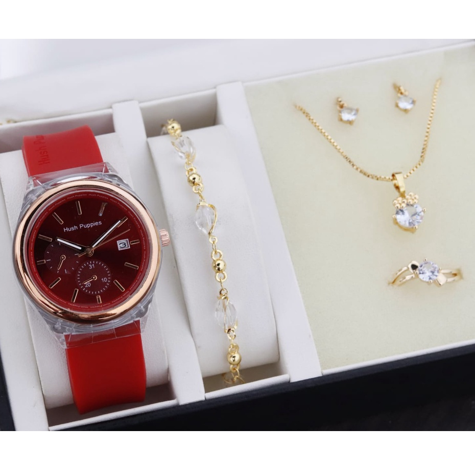 BISA COD✅ Jam tangan wanita Hush Puppies full set kalung cincin anting gelang