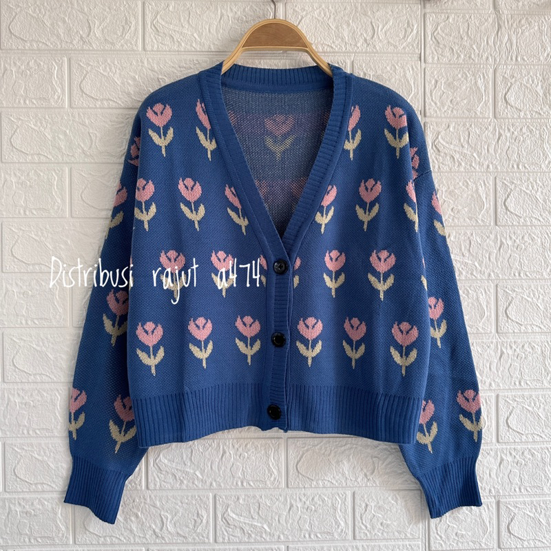 ROMA CARDIGAN RAJUT MOTIF FULL BUNGA ATASAN WANITA LENGAN PANJANG