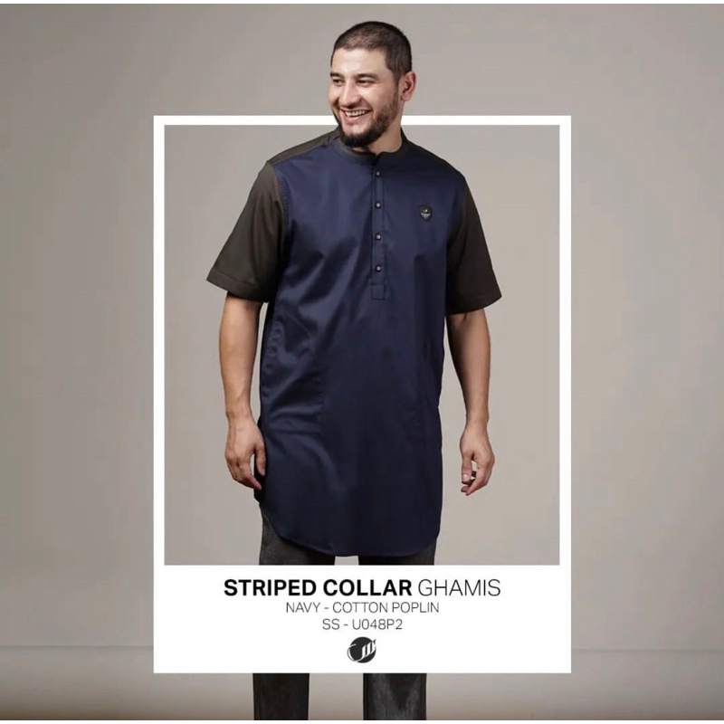 U084P SAMASE GHAMIS STRIPED COLLAR NAVY KEMEJA KOKO PRIA DEWASA LEBARAN
