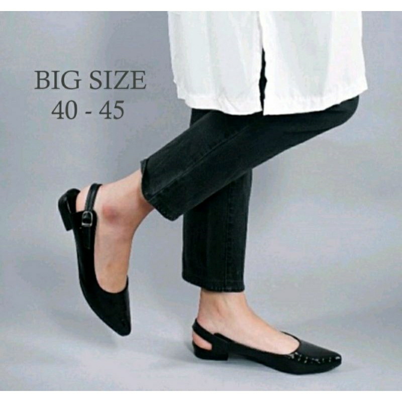 News ARRIVAL BIG Size Woman 40-45 Sepatu Sendal Kulit Crocoo Black Wanita / Pantofel Slingback Tali 3cm Formal Size JUMBO Besar Hitam