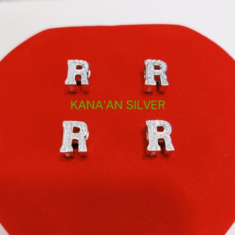 Liontin perak asli 925 /buah kalung model tusuk huruf (R) mata zircon putih kilau /Silver lapisan em