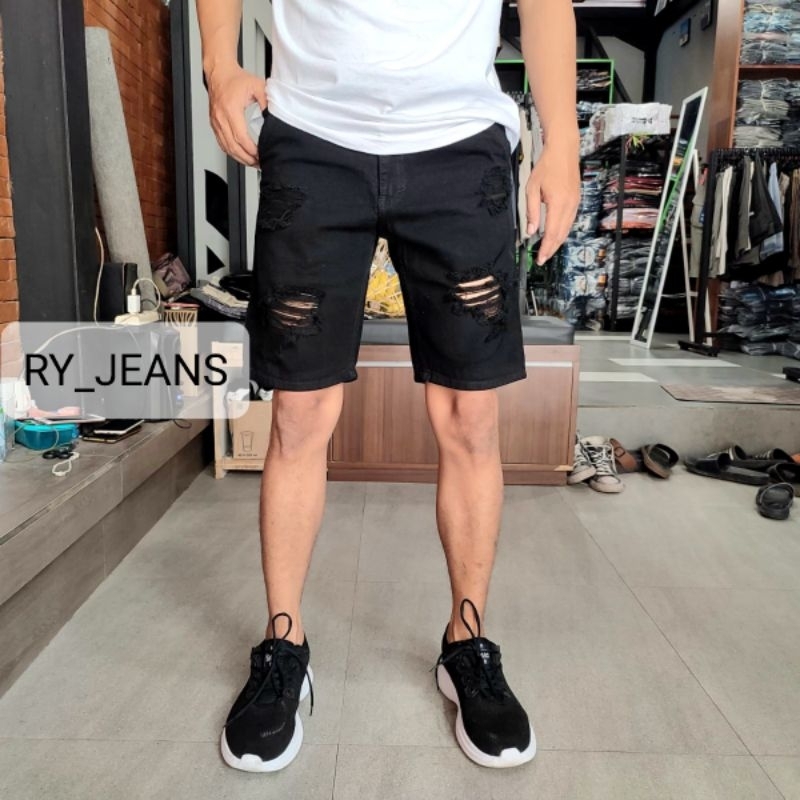 Jeans pendek sobek pria celana pendek pria street jeans hitam pendek