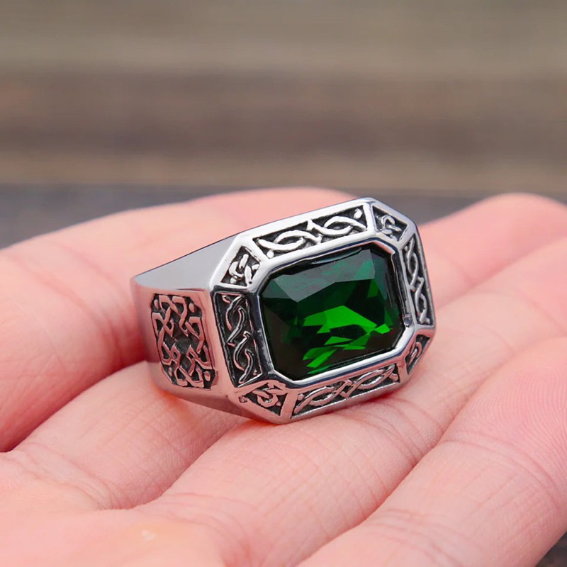 Cincin Batu Zamrud Emerald Hijau Botol Ring Titanium Mewah