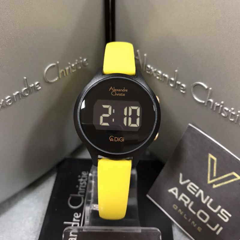 Jam Alexandre Christie AC 9379 LH LIP Wanita Hitam Kulit Hitam Kuning Bulat Digital