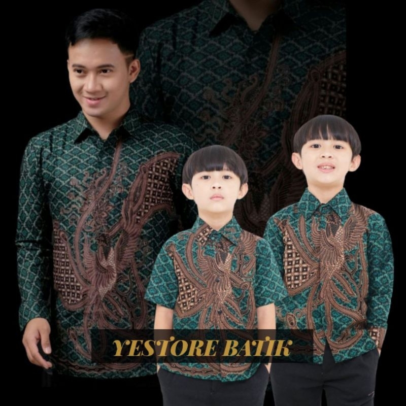 COD - Batik couple ayah anak laki-laki kekinian motif phoenix hijau - Bisa pisah.