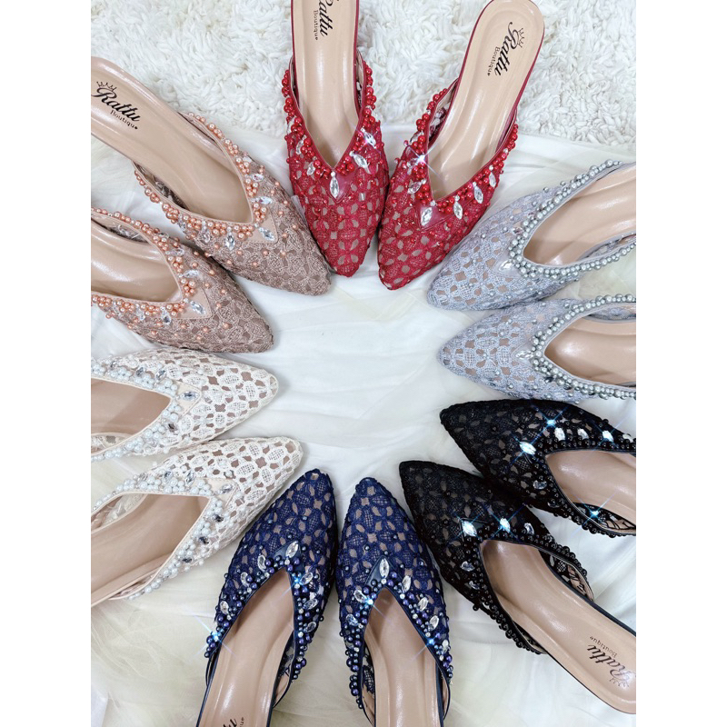 Termurah!!!! Heels 7cm brukat payet Ricis navy / wedding shoes navy / sepatu pengantin Navy / sepatu wisuda / sepatu seserahan