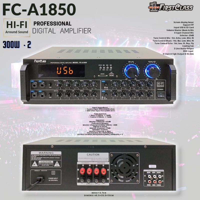 Amplifier Karaoke Firstclass FC A1850 Original Amplifier 300watt x 2 Bluetooth