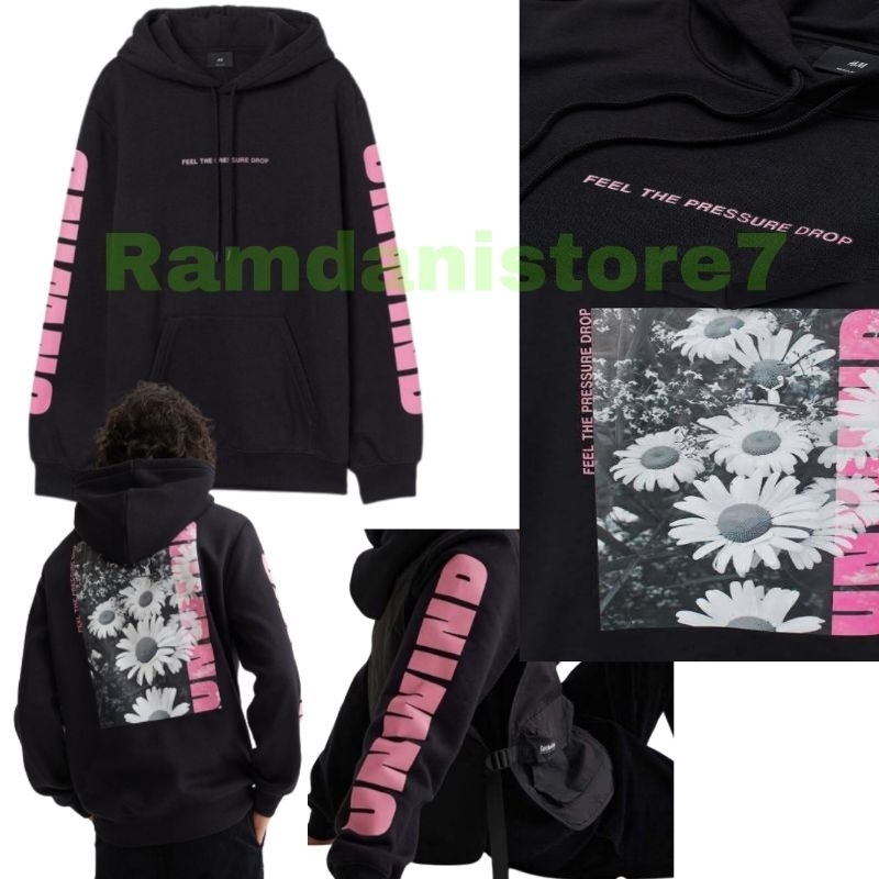 HOODIE H&M  UNISEX FEEL THE  PRESSURE DROP UNWIND HNM HOODIE PRIA & WANITA HNM Full teg ,label(Hitam