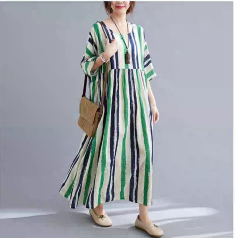79005 Baju maxidress longdress LOOSE DRESS salur garis kuning hijau dres Korea Korean style wanita p