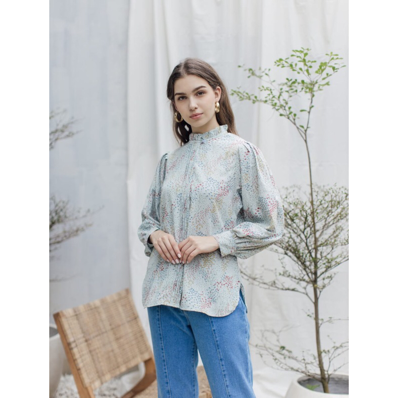 Kemeja Wanita Atasan Kerja Motif Bunga Bahan Crinkle Premium
