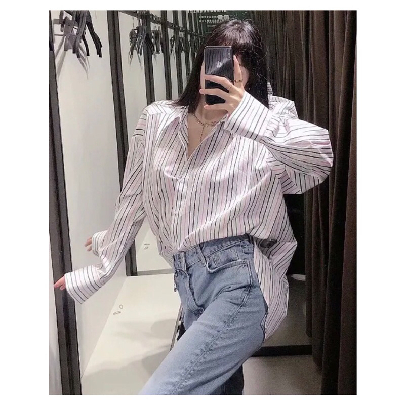 Atasan Wanita Blouse Jumbo Putih Color Stripe