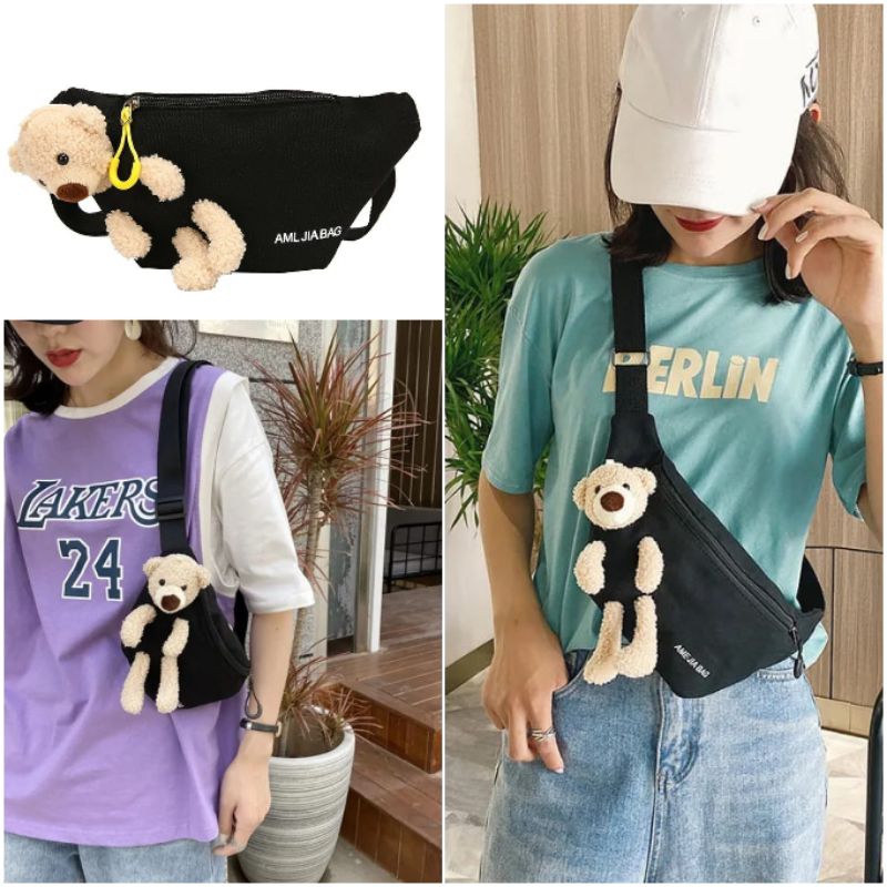 Tas Totebag Beruang Gemoy dan Tas Pinggang Boneka Beruang Lucu Tote Bag Waistbag