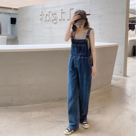 Overall Jeans Loose Wanita Santai Biru Korea Style